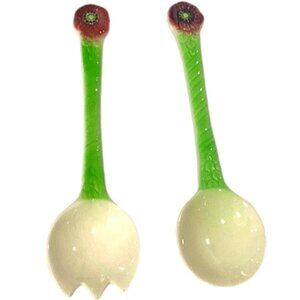 Vtge Shorter & Son Staffordshire Pair Hand-Paint Salad Spoons Anemone Flowers